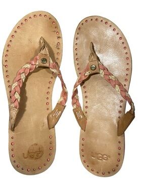 UGG Navie Women’s Thongs Tan Braided Coral & Cream Leather Flip Flops size 9